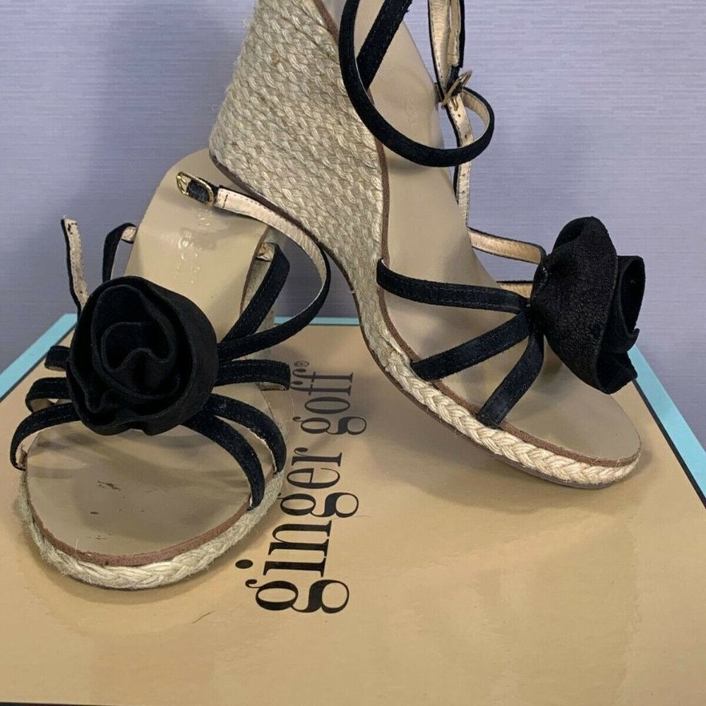 Ginger Goff Kennedy Heel Womens 7 Black Kid Suede Strappy Rattan Wedge Sandal
